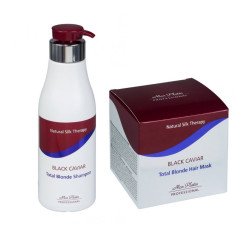 Blond plaukų priežiūros rinkinys su juodųjų ikrų ekstraktu: šampūnas ir kaukė.